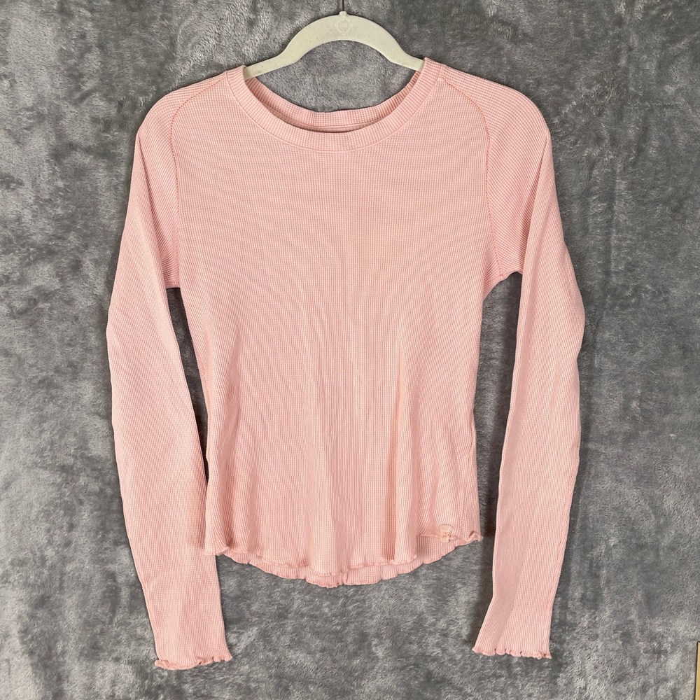 We The Free Thermal Top Womens Small Pink Very Good Waffle Knit Lettuce Edge